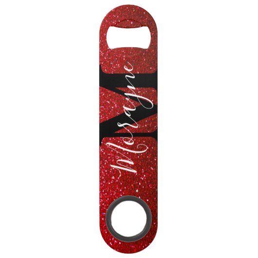 Ruby Red Faux Glitter Zwart Wit Monogram Naam Speed Flessenopener (Voorkant)