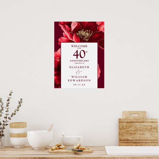 Ruby Red Floral 40e Jubileum Welkom Teken Poster (Keuken)