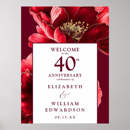 Ruby Red Floral 40e Jubileum Welkom Teken Poster (Voorkant)