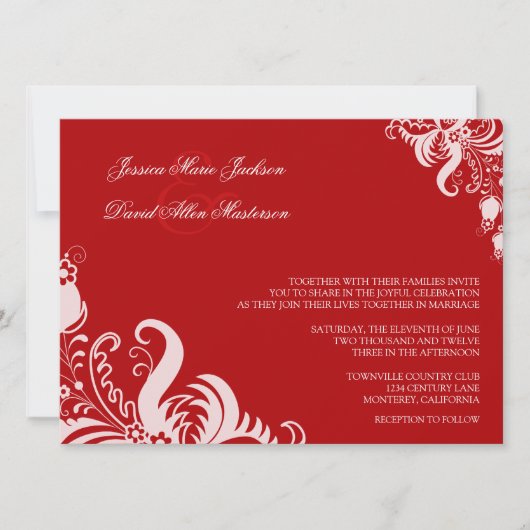 Ruby Red Floral Accent Wedding Invitation Kaart (Voorkant)