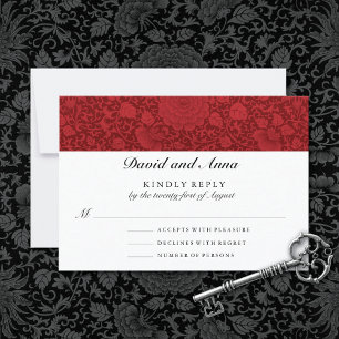 Ruby Red Floral Brocade Wedding RSVP Kaartje