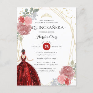 Ruby Red Floral Geometric Quinceañera Briefkaart