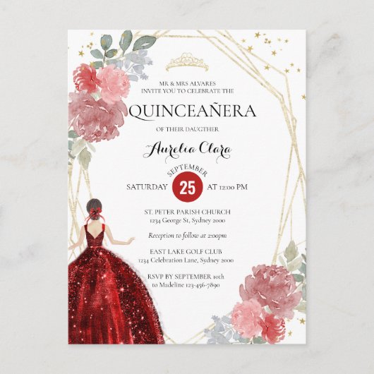 Ruby Red Floral Geometric Quinceañera Briefkaart (Voorkant)