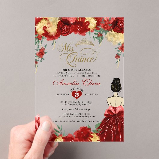 Ruby Red Floral Prinses Mis Quince Quinceañera Acryl Uitnodigingen (Insitu (Draagbaar))