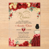 Ruby Red Floral Prinses Mis Quince Quinceañera Acryl Uitnodigingen (Voorkant)