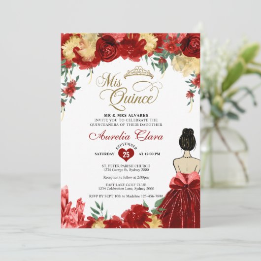 Ruby Red Floral Prinses Mis Quince Quinceañera Kaart (Staand voorkant)