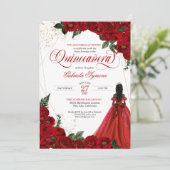 Ruby Red Floral Roos & Gold Elegant Quinceañera in Kaart (Staand voorkant)