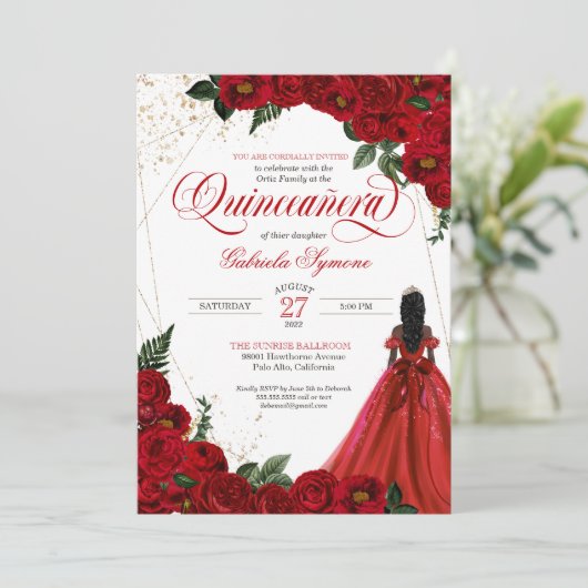 Ruby Red Floral Roos & Gold Elegant Quinceañera in Kaart (Staand voorkant)