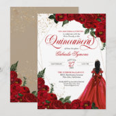 Ruby Red Floral Roos & Gold Elegant Quinceañera in Kaart (Voorkant / Achterkant)
