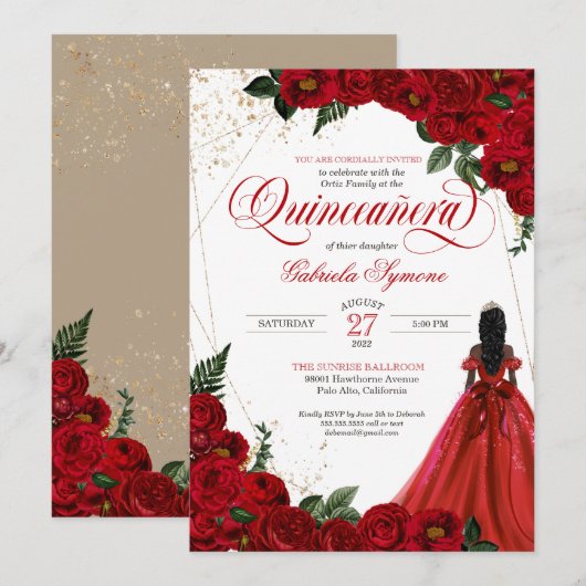 Ruby Red Floral Roos & Gold Elegant Quinceañera in Kaart (Voorkant / Achterkant)