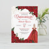 Ruby Red Floral Roos & Gold Elegant Quinceañera in Kaart (Staand voorkant)