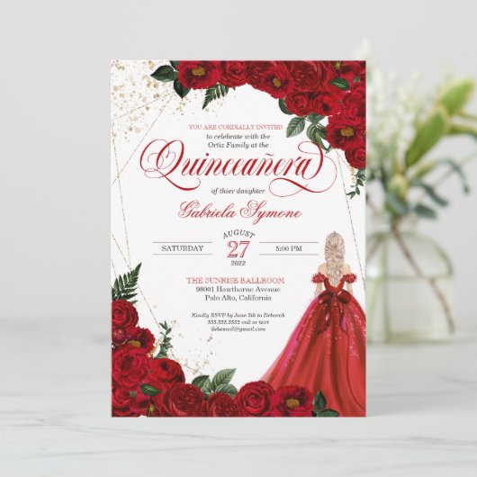 Ruby Red Floral Roos & Gold Elegant Quinceañera in Kaart (Staand voorkant)