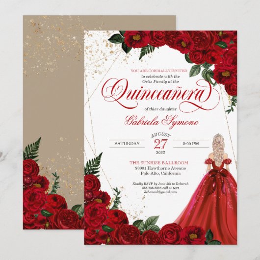Ruby Red Floral Roos & Gold Elegant Quinceañera in Kaart (Voorkant / Achterkant)