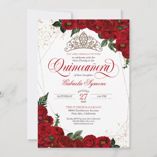 Ruby Red Floral Roos & Gold Elegant Quinceañera Kaart (Voorkant)