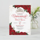 Ruby Red Floral Roos & Gold Elegant Quinceañera Kaart (Staand voorkant)