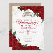 Ruby Red Floral Roos & Gold Elegant Quinceañera Kaart (Voorkant / Achterkant)