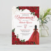 Ruby Red Floral Roos & Gold Elegant Quinceañera Kaart (Staand voorkant)