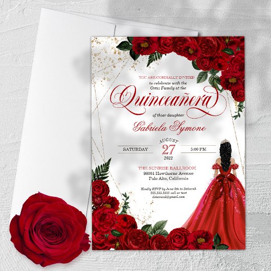 Ruby Red Floral Roos & Gold Elegant Quinceañera Kaart