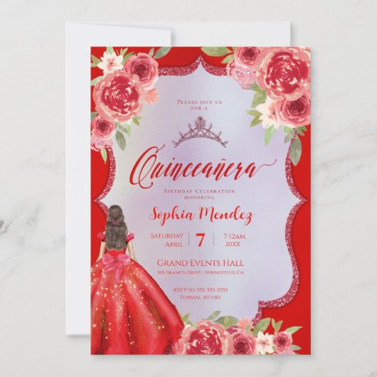 Ruby Red Floral Waterverf Quinceanera Kaart (Voorkant)