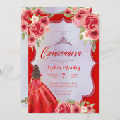 Ruby Red Floral Waterverf Quinceanera Kaart (Voorkant / Achterkant)