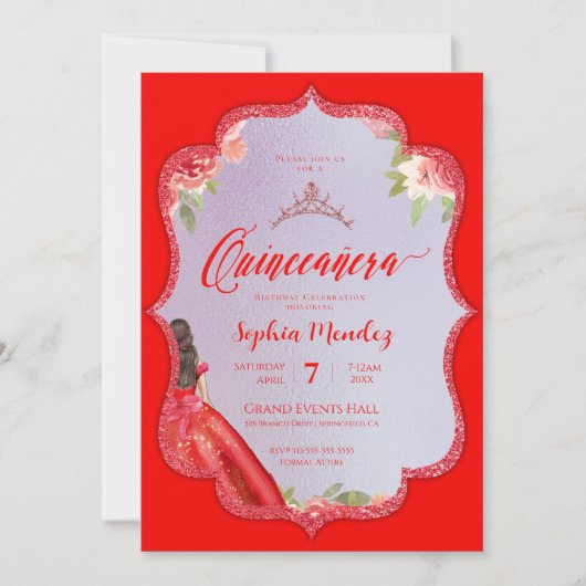 Ruby Red Floral Waterverf Quinceanera Kaart (Voorkant)