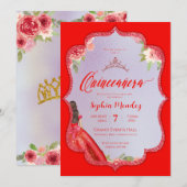 Ruby Red Floral Waterverf Quinceanera Kaart (Voorkant / Achterkant)