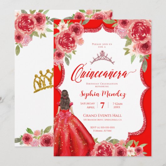 Ruby Red Floral Waterverf Quinceanera Kaart (Voorkant / Achterkant)