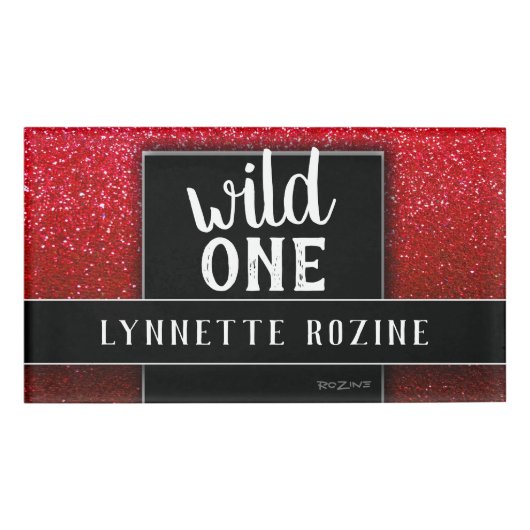 Ruby Red Glitter Black en White Wild One Naambadge (Voorkant)