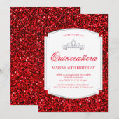 Ruby Red Glitter Quinceañera Uitnodigingen (Voorkant / Achterkant)