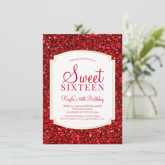 Ruby Red Glitter Sweet 16 Uitnodigingen (Staand voorkant)