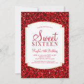 Ruby Red Glitter Sweet 16 Uitnodigingen (Voorkant)