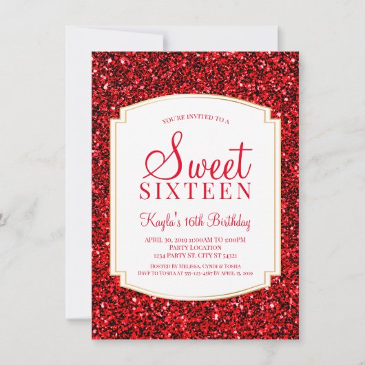 Ruby Red Glitter Sweet 16 Uitnodigingen (Voorkant)