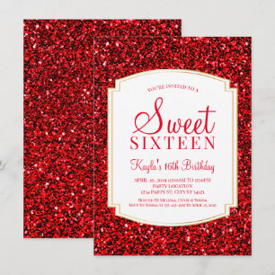 Ruby Red Glitter Sweet 16 Uitnodigingen