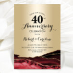 Ruby Red Gold 40e Jubileum Kaart<br><div class="desc">Goud en robijnrood 40ste verjaardag uitnodiging. Elegant formeel ontwerp met agaat marmeren achtergrond,  faux glitter goud en typografie script lettertype. Trendy uitnodigingskaart perfect voor een stijlvolle huwelijksverjaardag. Gedrukte Zazzle-uitnodigingen of direct downloadbare digitale afdrukbare sjabloon.</div>