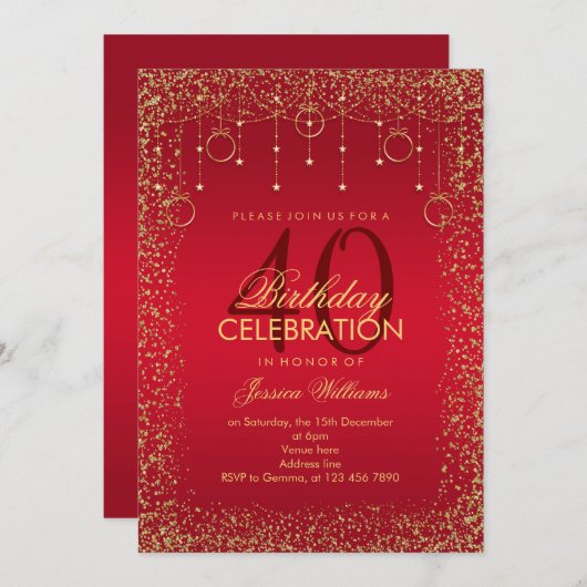 Ruby Red & Gold Glitter Decoratie Verjaardag Kaart (Voorkant / Achterkant)