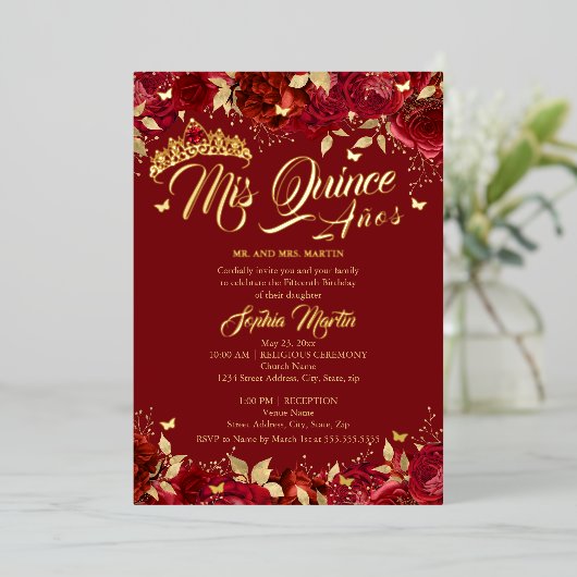 Ruby Red Gold Roos Mis Quince Quinceanera Folie Uitnodiging (Staand Voorkant)