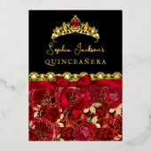 Ruby Red Gold Roos Quinceanera Folie Uitnodiging (Voorkant)