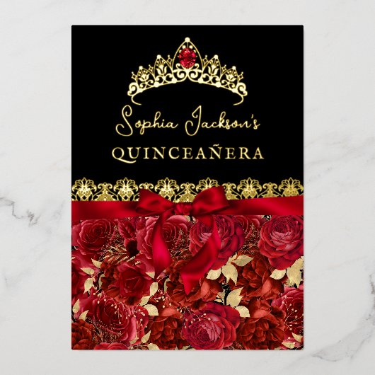Ruby Red Gold Roos Quinceanera Folie Uitnodiging (Voorkant)