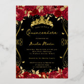Ruby Red Gold Swirl Scroll Floral Quinceanera Folie Uitnodiging (Voorkant)