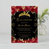 Ruby Red Gold Swirl Scroll Floral Quinceanera Folie Uitnodiging (Staand Voorkant)