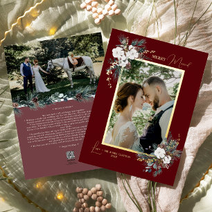 Ruby Red Greenery Merry Married Portrait Folie Feestdagenkaart