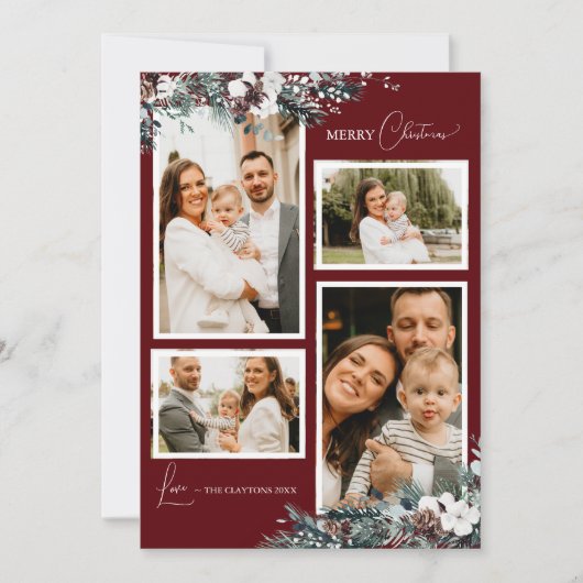 Ruby Red Greenery Vier Fotocollage Feestdagenkaart (Voorkant)