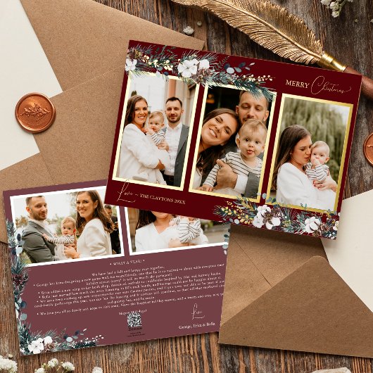Ruby Red Greenery Vijf Fotocollage Folie Feestdagenkaart