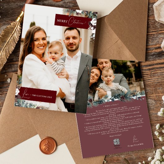 Ruby Red Greenery Vintage Kerstmis Familie Afbeeld Feestdagenkaart