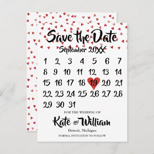 Ruby Red Love Heart Calendar Bewaar de datum Aankondigingskaart (Voorkant / Achterkant)