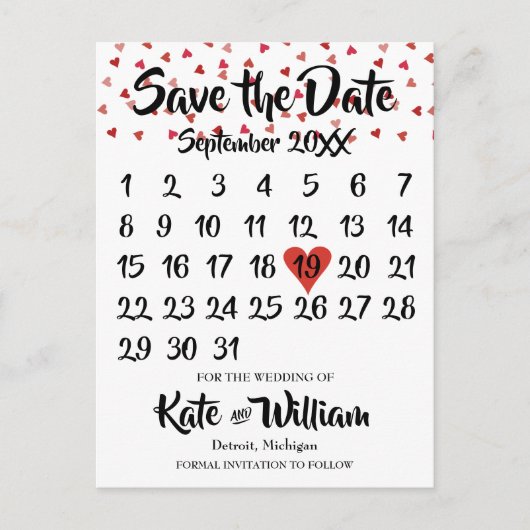 Ruby Red Love Heart Calendar Bewaar de datum Aankondigingskaart (Voorkant)