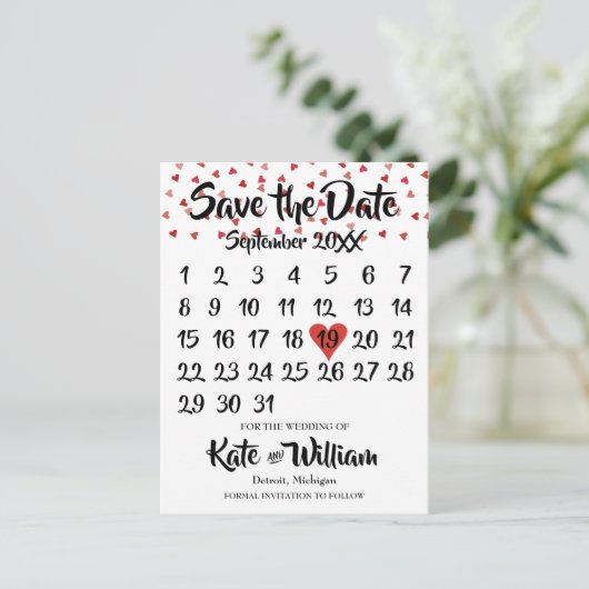 Ruby Red Love Heart Calendar Bewaar de datum Aankondigingskaart (Staand voorkant)