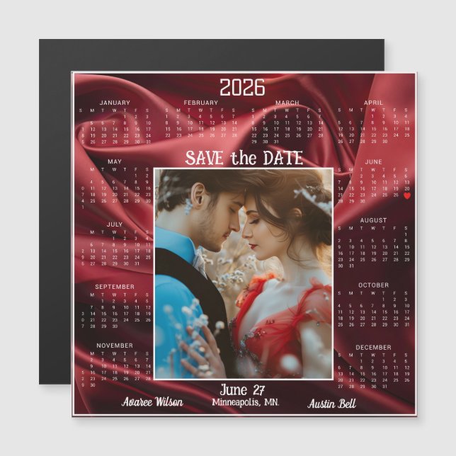 Ruby Red Luxury Satin Save the Date Engaged Couple (Voorkant / Achterkant)