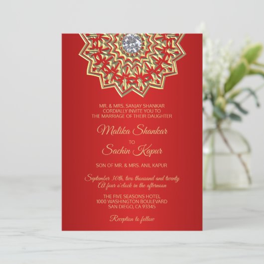 Ruby RED Mandala Gold Indian Wedding Invitations Kaart (Staand voorkant)