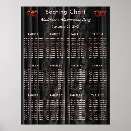 Ruby Red Masquerade Zwarte Damast 12 Tafels Zitpla Poster (Voorkant)